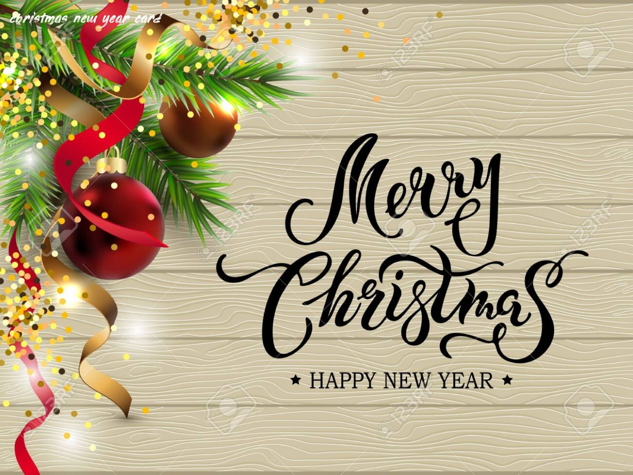 Merry christmas happy new year card with fir tree red and golden 