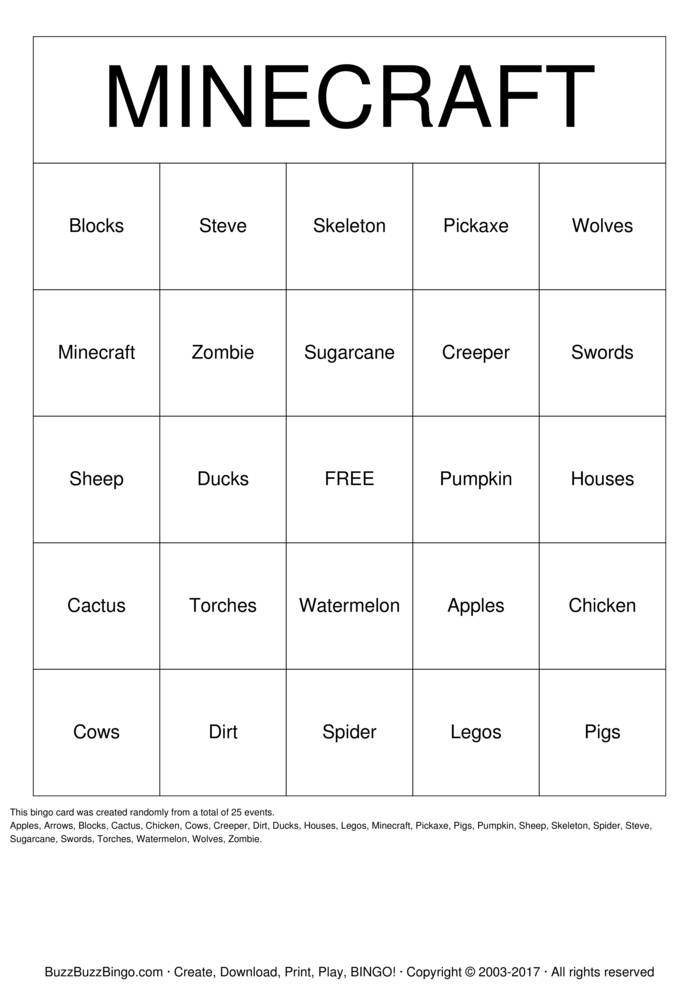 printable minecraft bingo cards