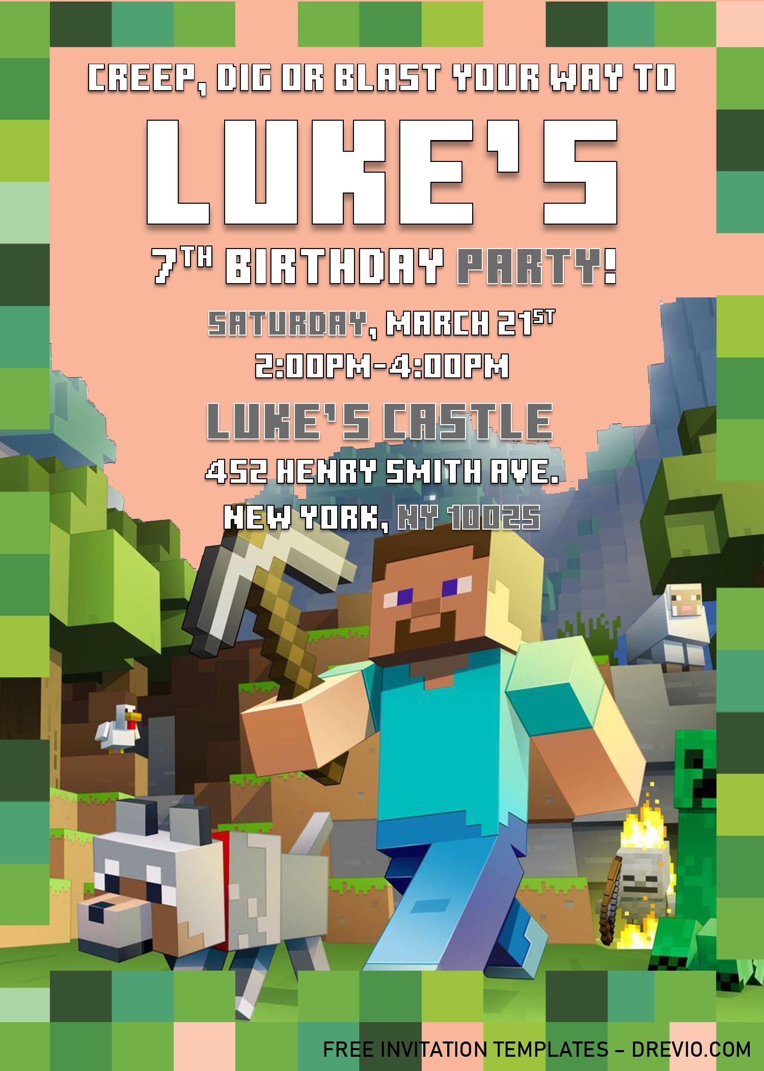 Minecraft Birthday Invitation Templates Editable With MS Word 