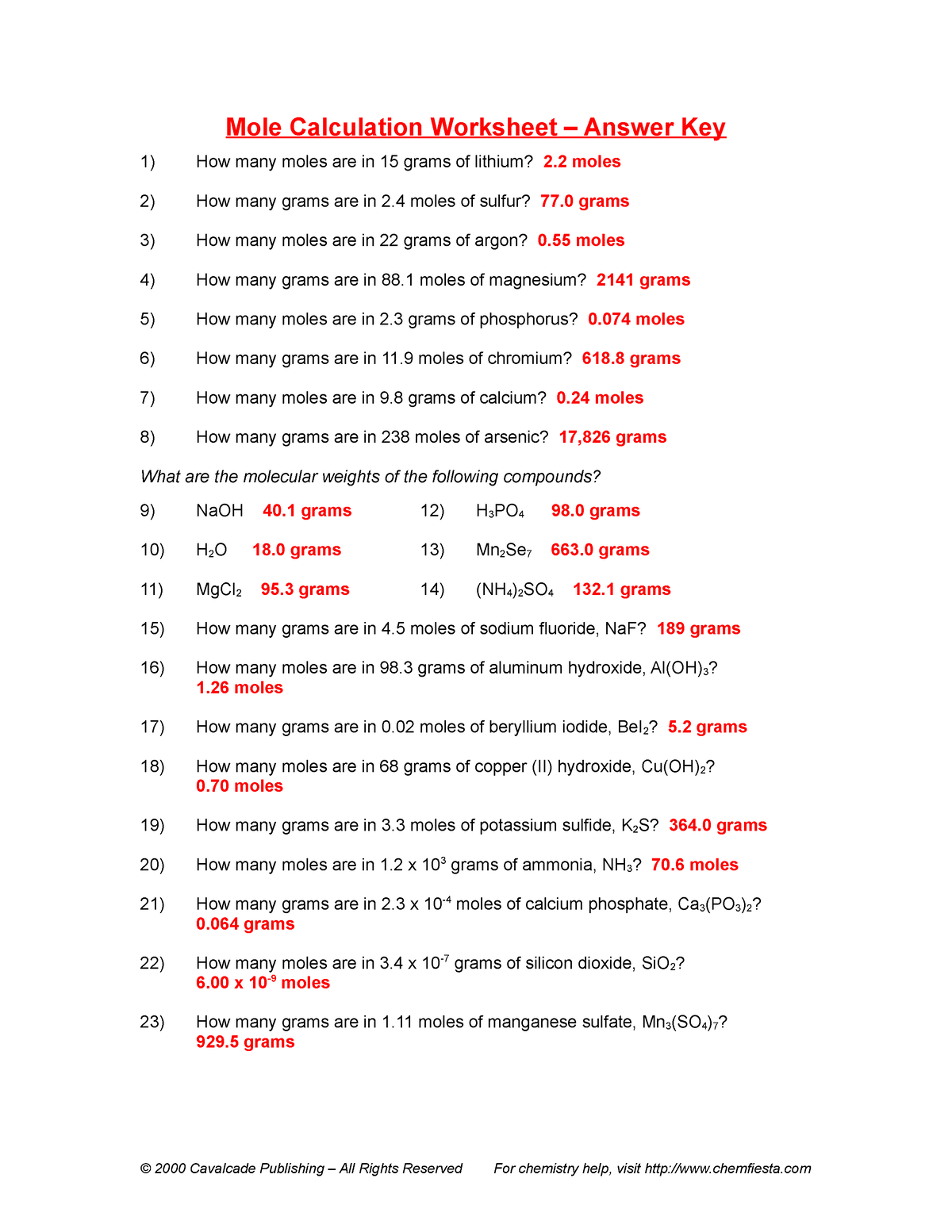 calculating moles worksheet