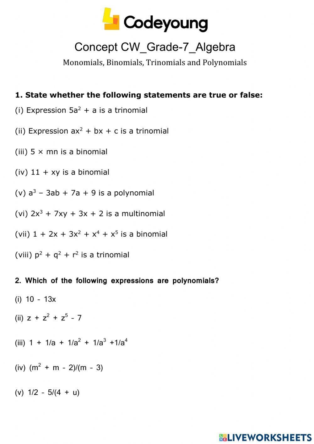 Monomials Binomials Trinomials And Polynomials Concept CW 