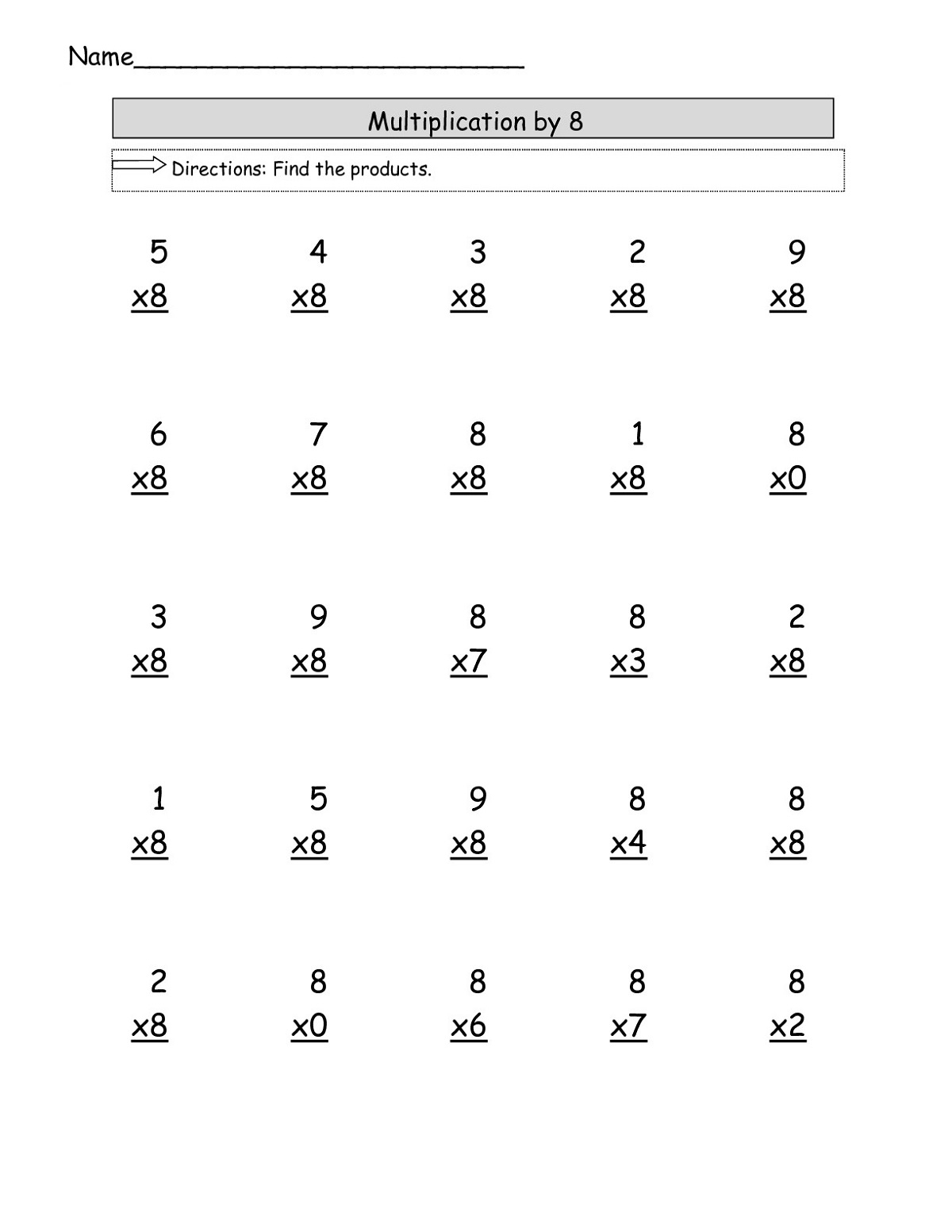multiplication of 8 worksheets
