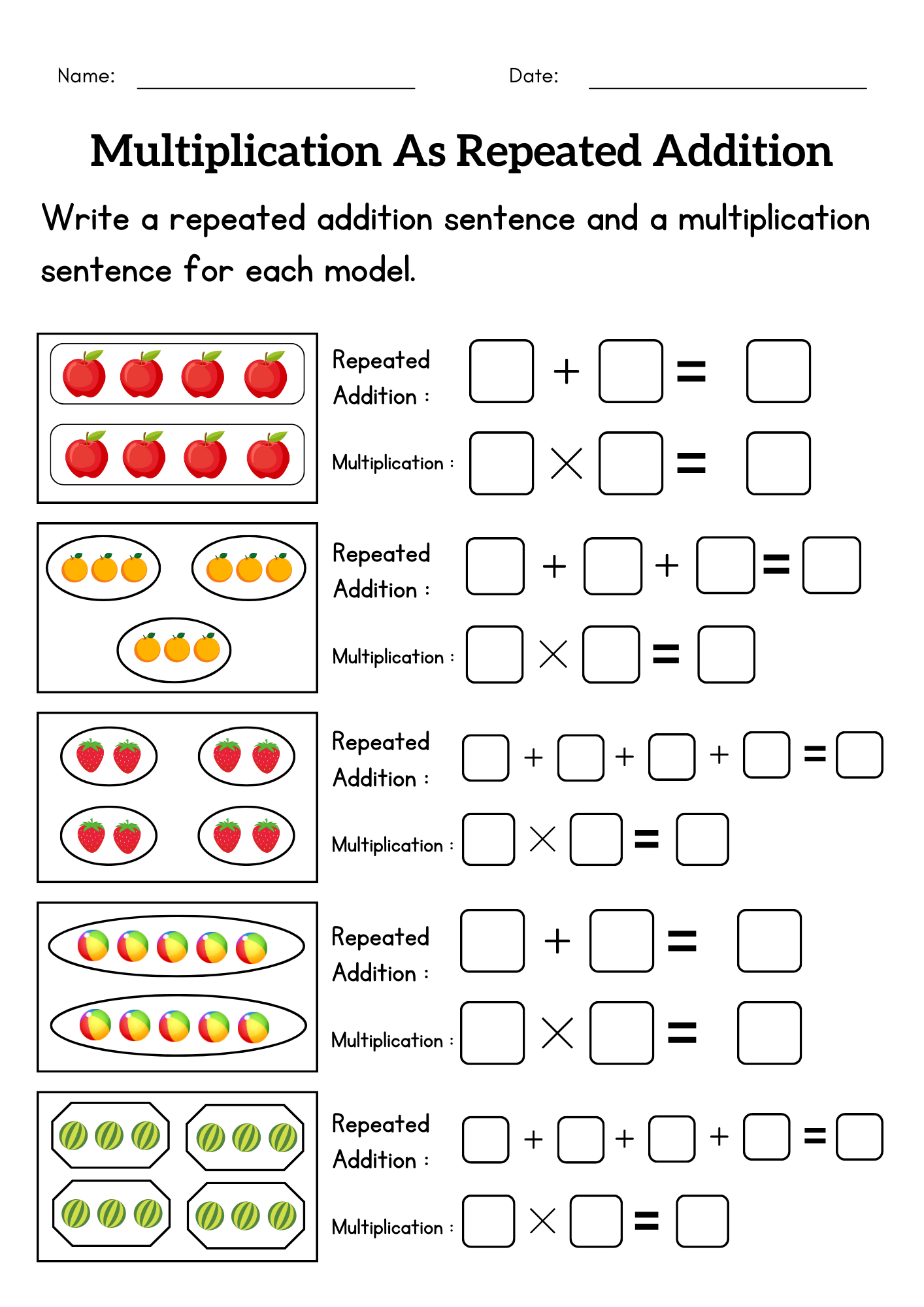 Multiplication As Repeated Addition Worksheet For 2nd 3rd Grade 