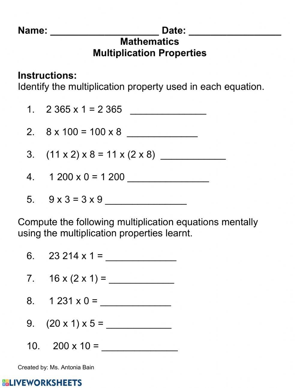 Multiplication Properties Worksheet Live Worksheets Worksheets Library