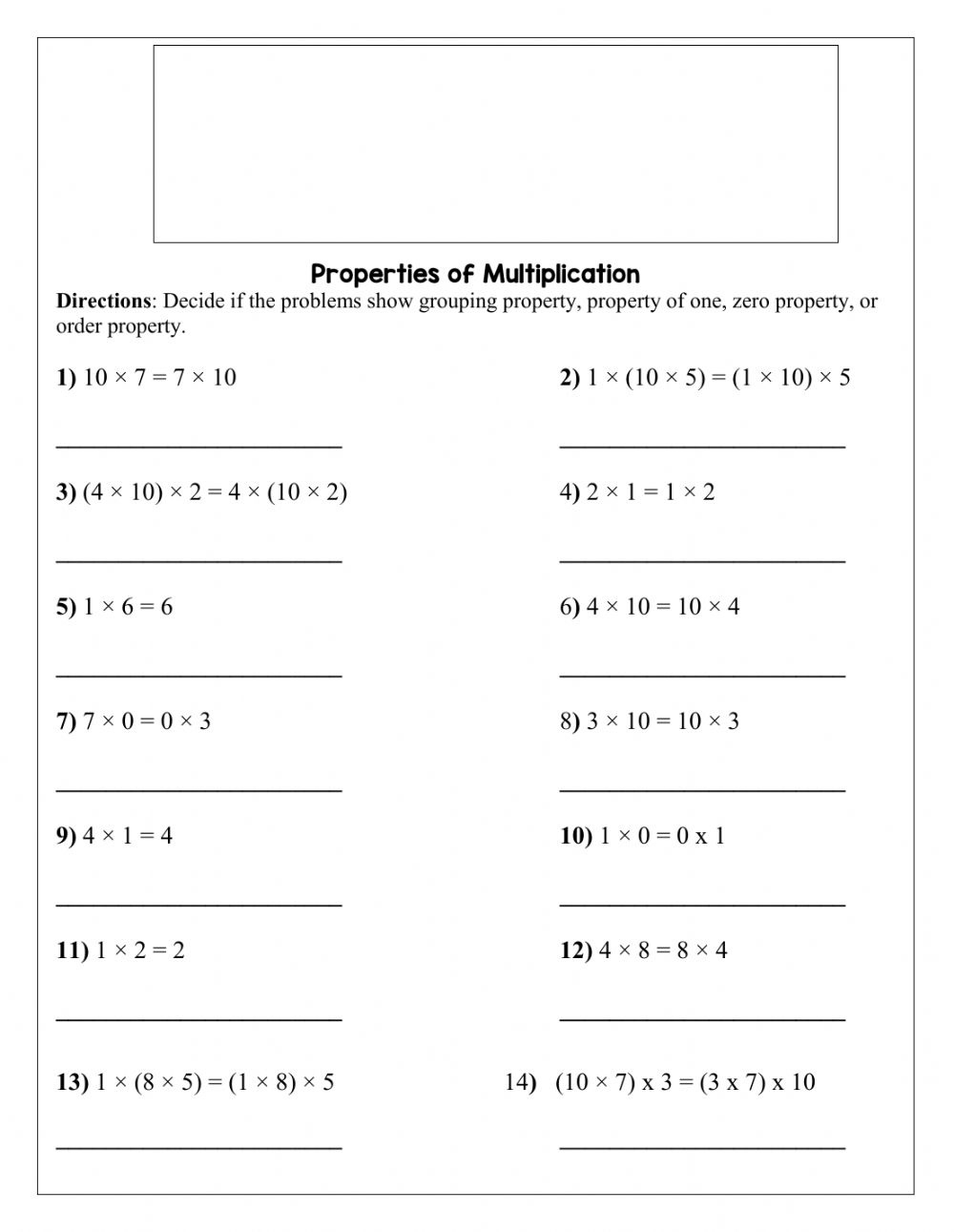 Multiplication Properties Worksheet Multiplication Worksheets