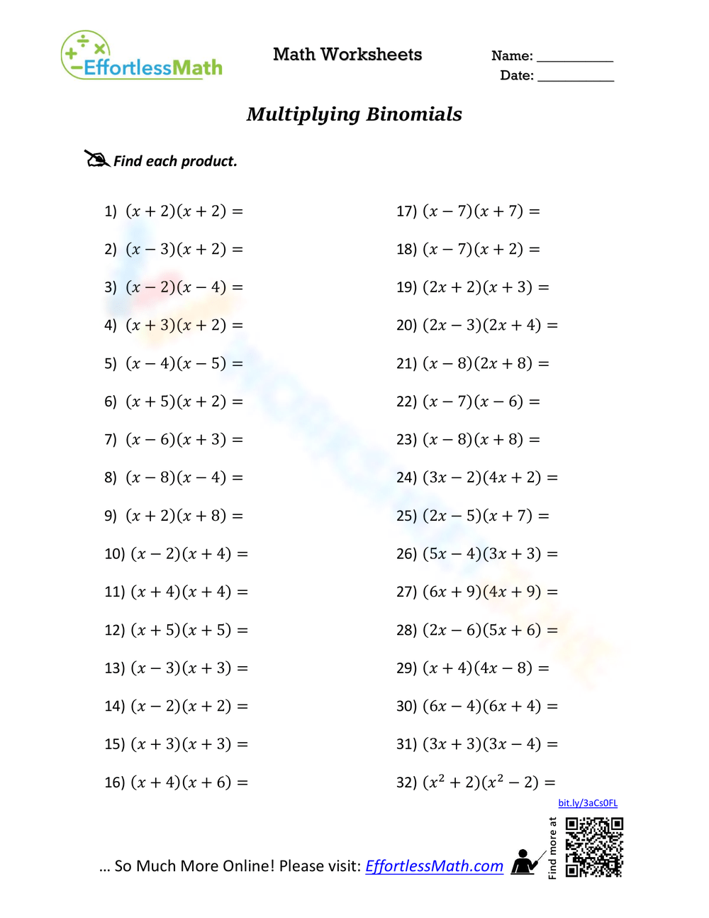 multiplication of binomials worksheet