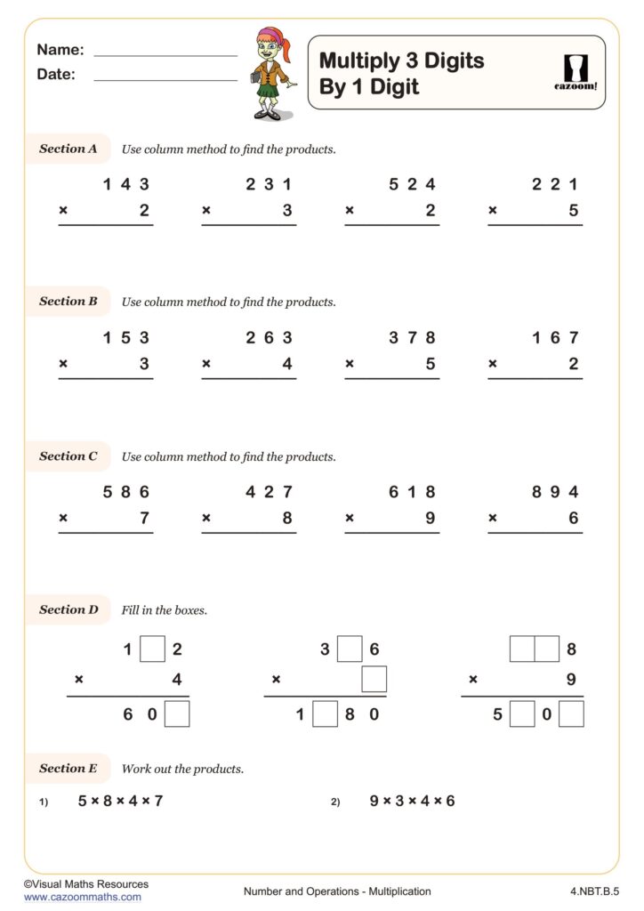 Multiplying 3 Digits By 1 Digit Worksheet Printable PDF 4th