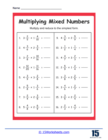 multiply mixed numbers worksheet