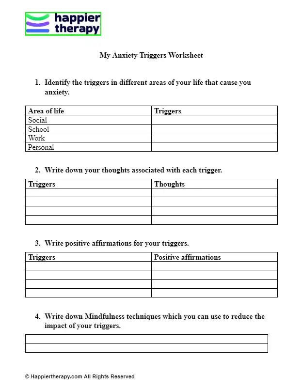 My Anxiety Triggers Worksheet HappierTHERAPY