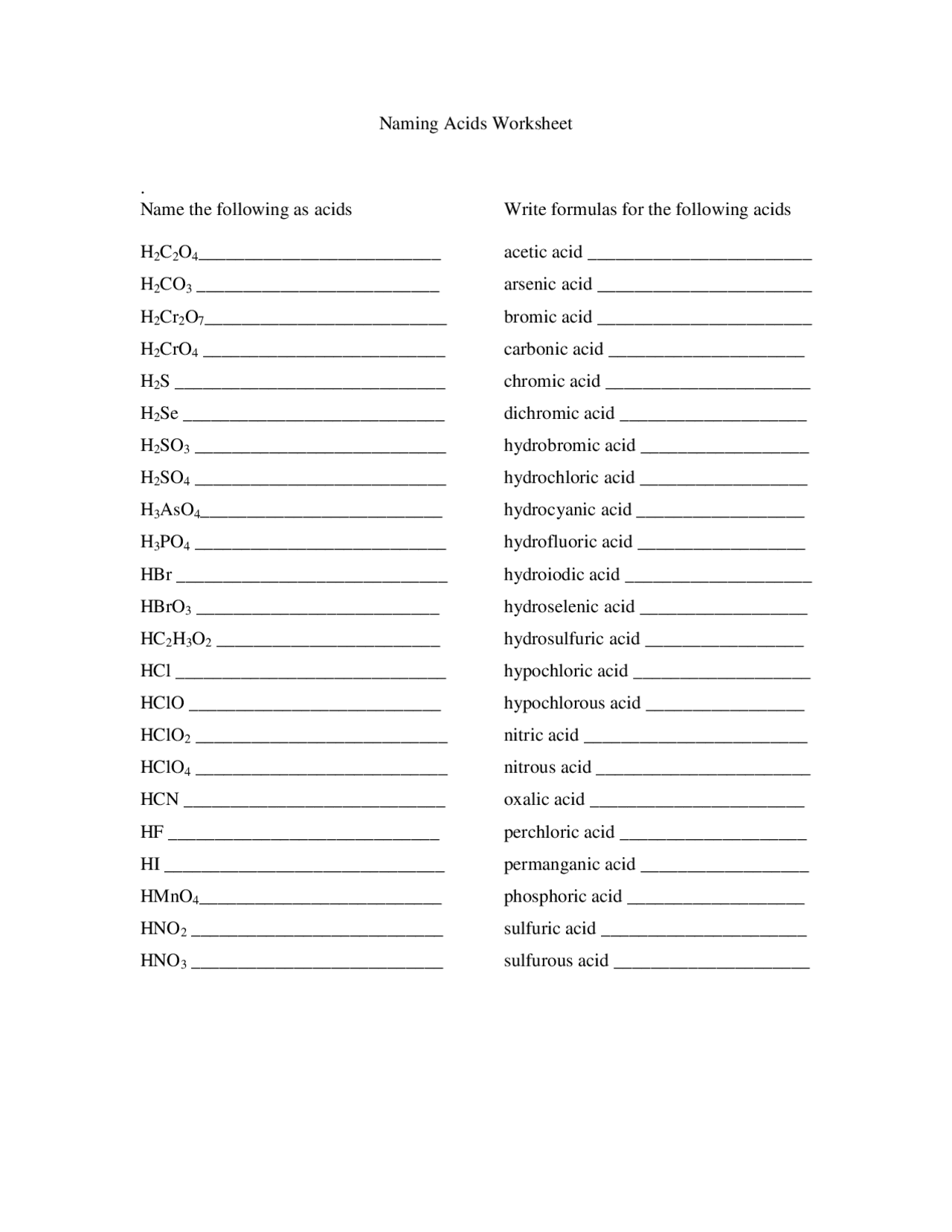 acid naming worksheet