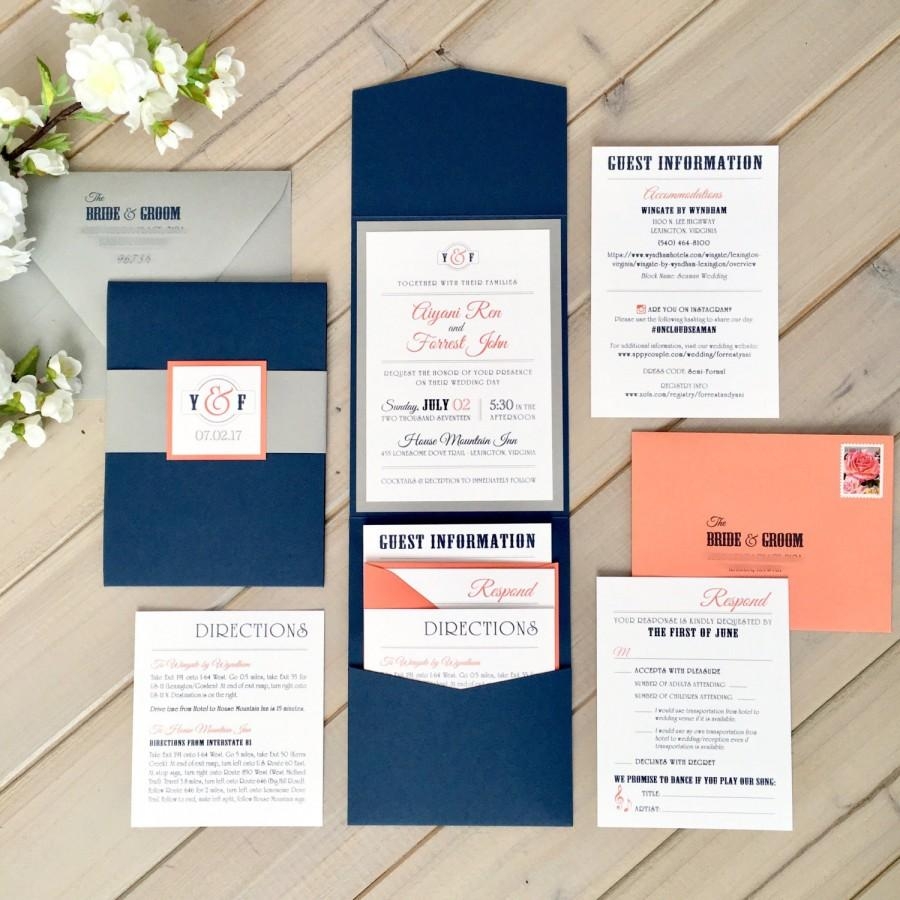 Navy Gray And Coral Wedding Invitations Modern Wedding Invitations
