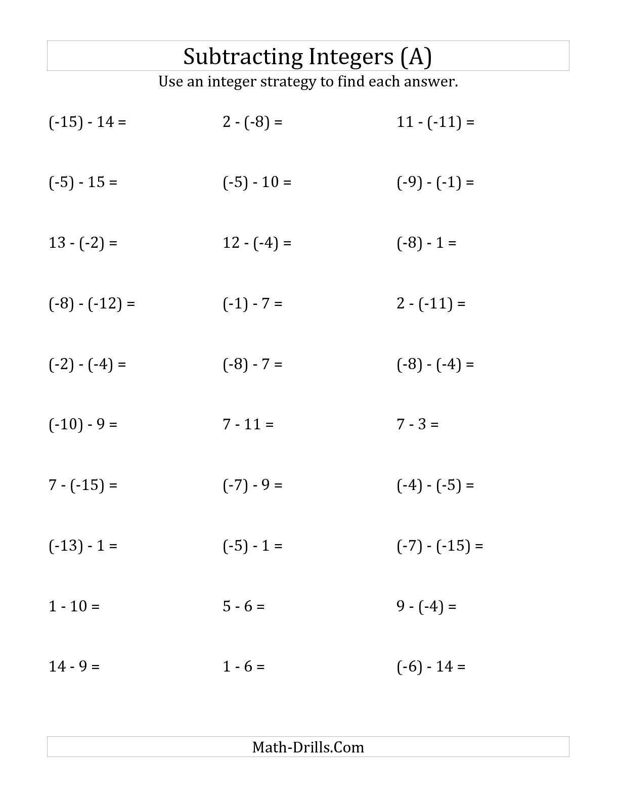Negative Integers Worksheets