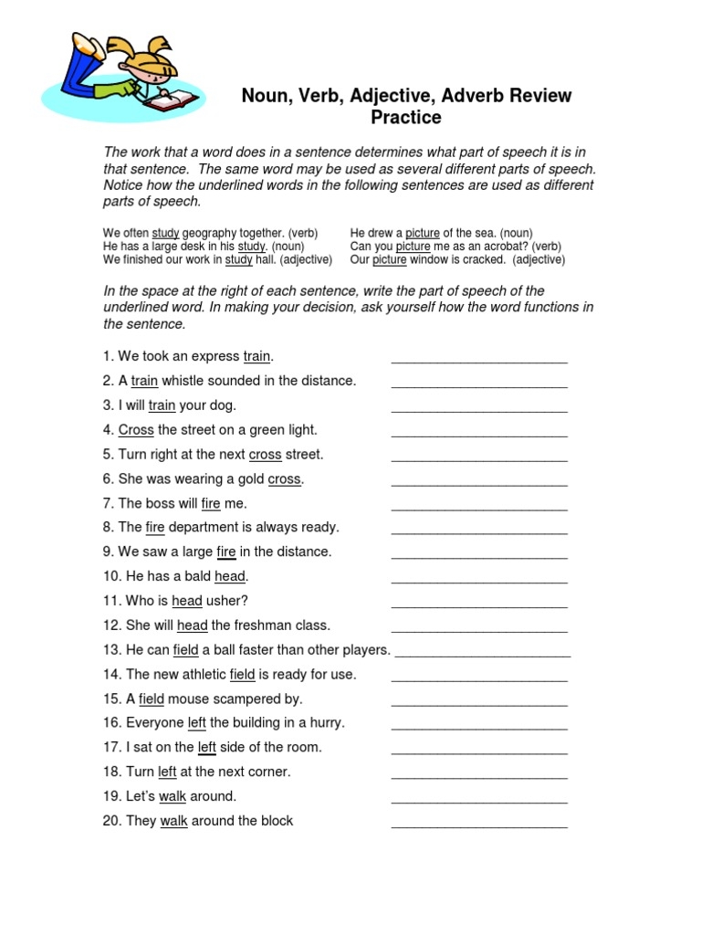 Nouns Adjectives Adverbs Verbs Review Packet PDF Part Of 