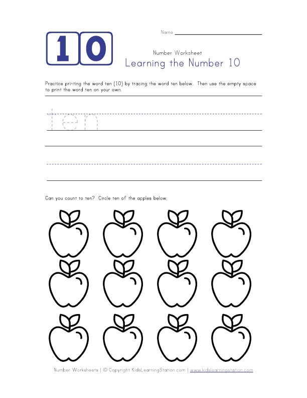 number ten worksheet