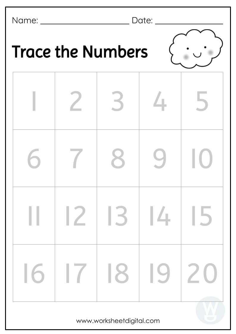 Number Tracing 1 20 Worksheet Digital Printable Templates Online By 