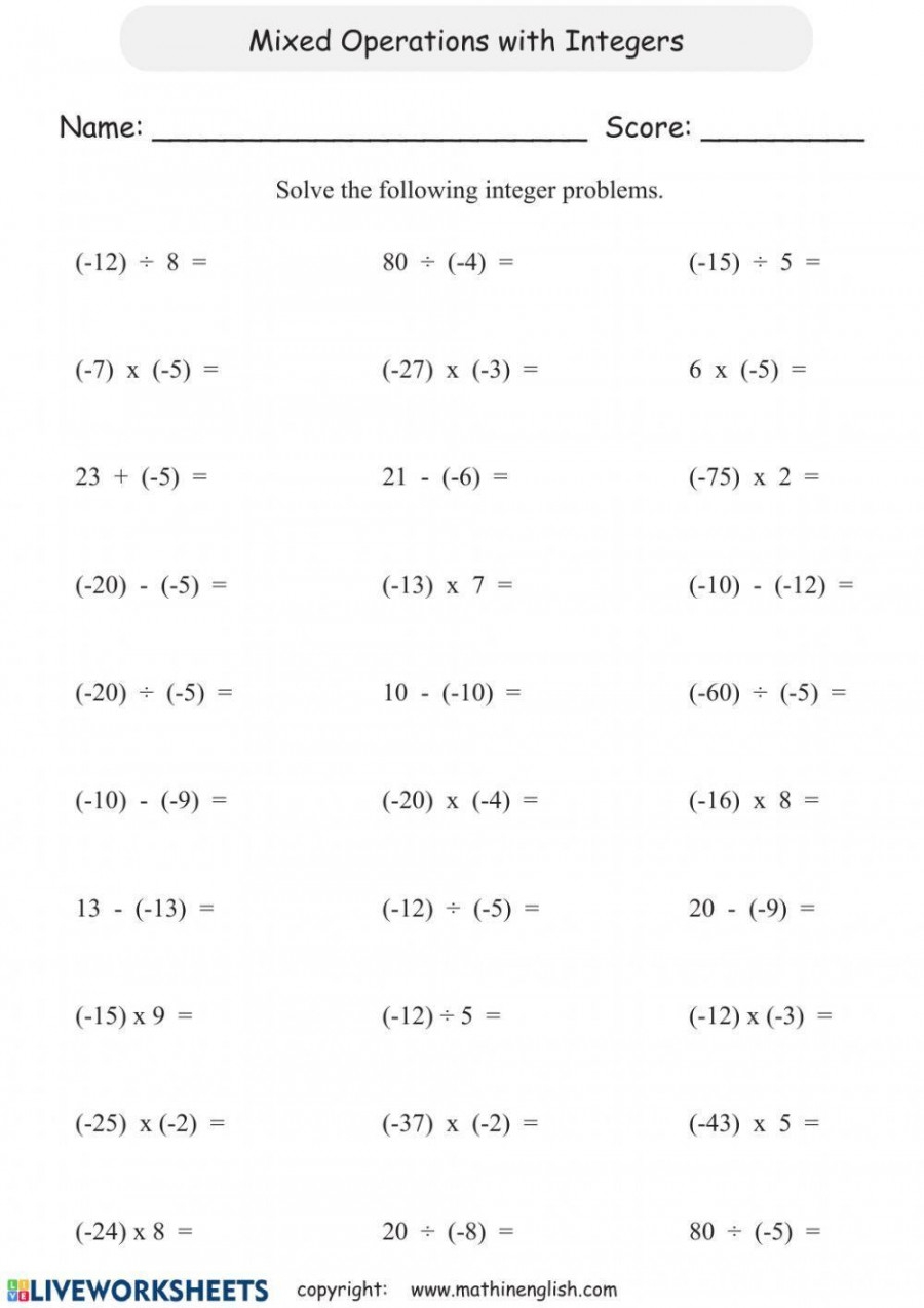 operations with integers worksheet