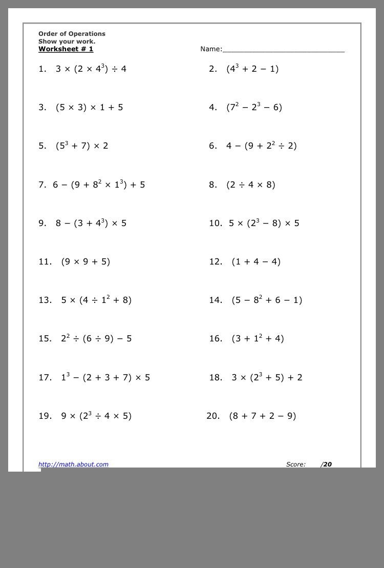 order of operations worksheet pdf with answers
