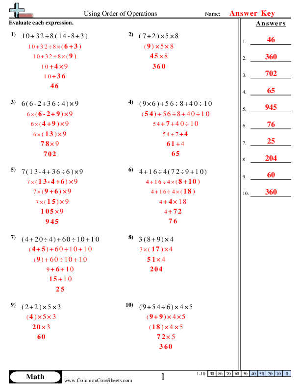 order of operations worksheet and answers