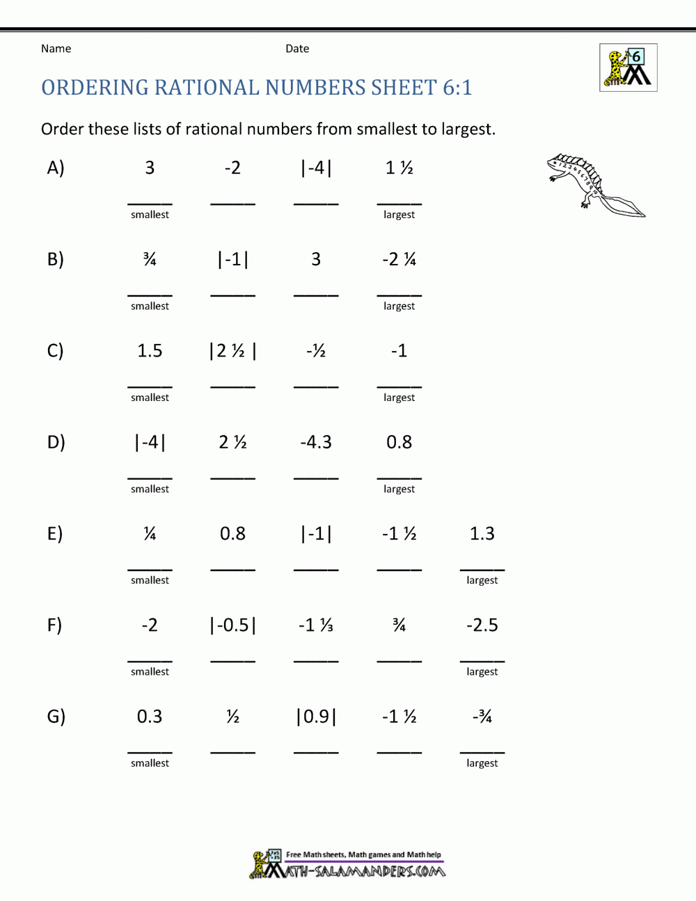 ordering rational numbers worksheet