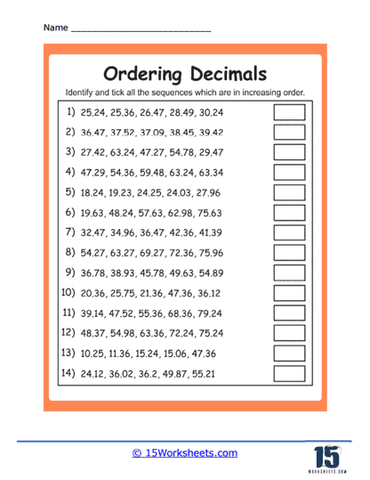 compare decimals worksheet