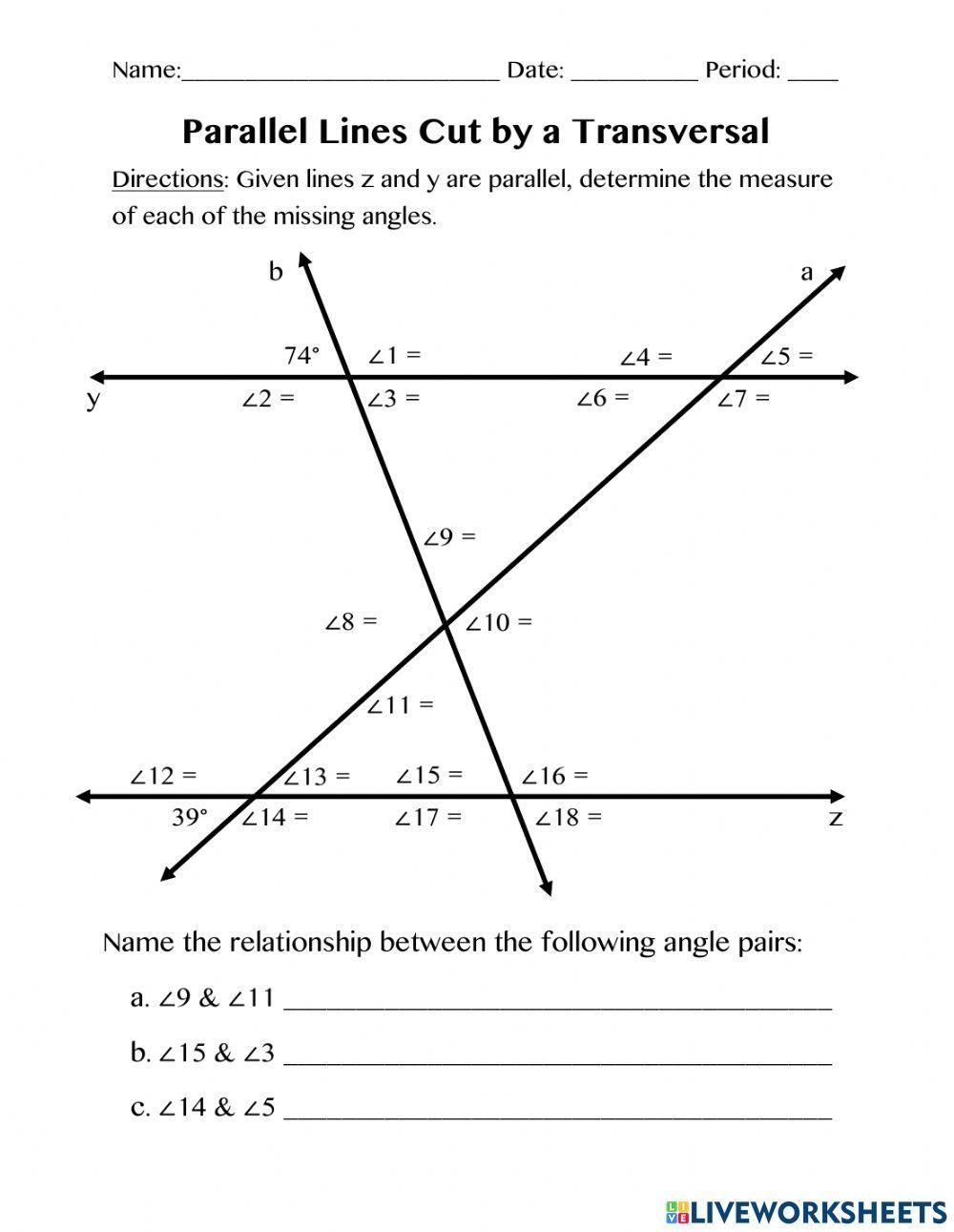 Parallel Lines Cut By A Transversal Worksheet Live Worksheets 