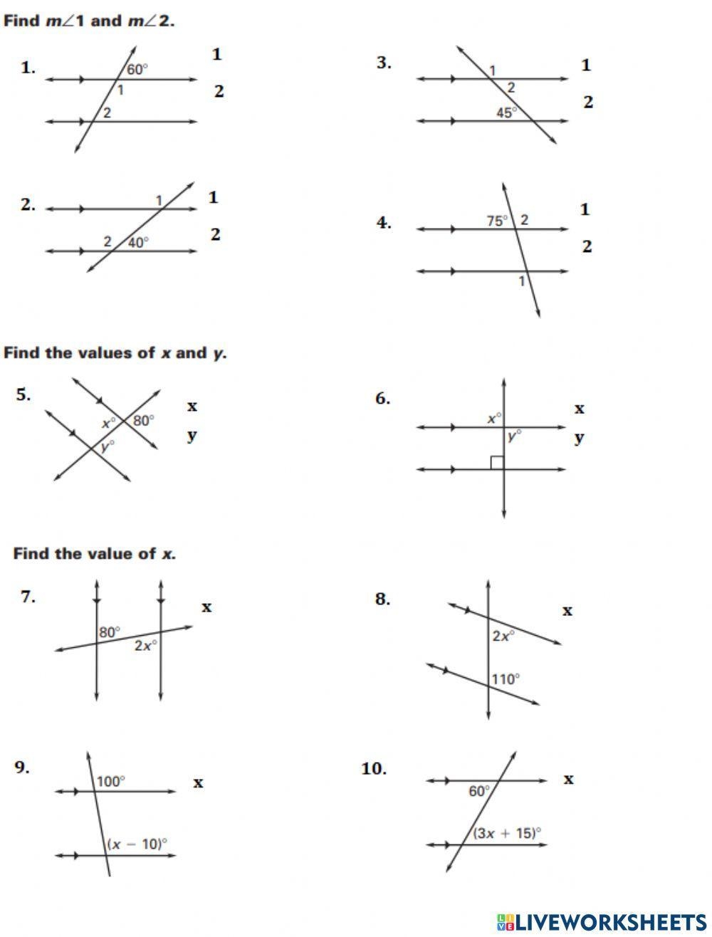 Parallel Lines Cut By A Transversal Worksheet Live Worksheets 