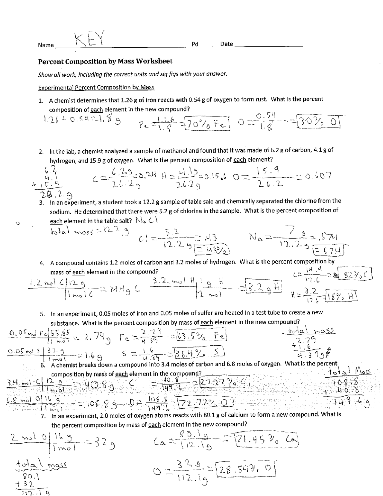 Percent Composition By Mass Worksheet Exercises Chemistry Docsity 