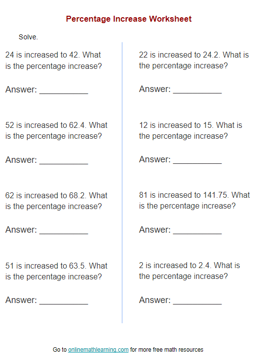 percent increase or decrease worksheet
