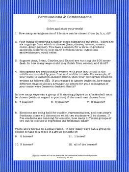 Permutations Combinations Worksheet By Activities By Jill TpT