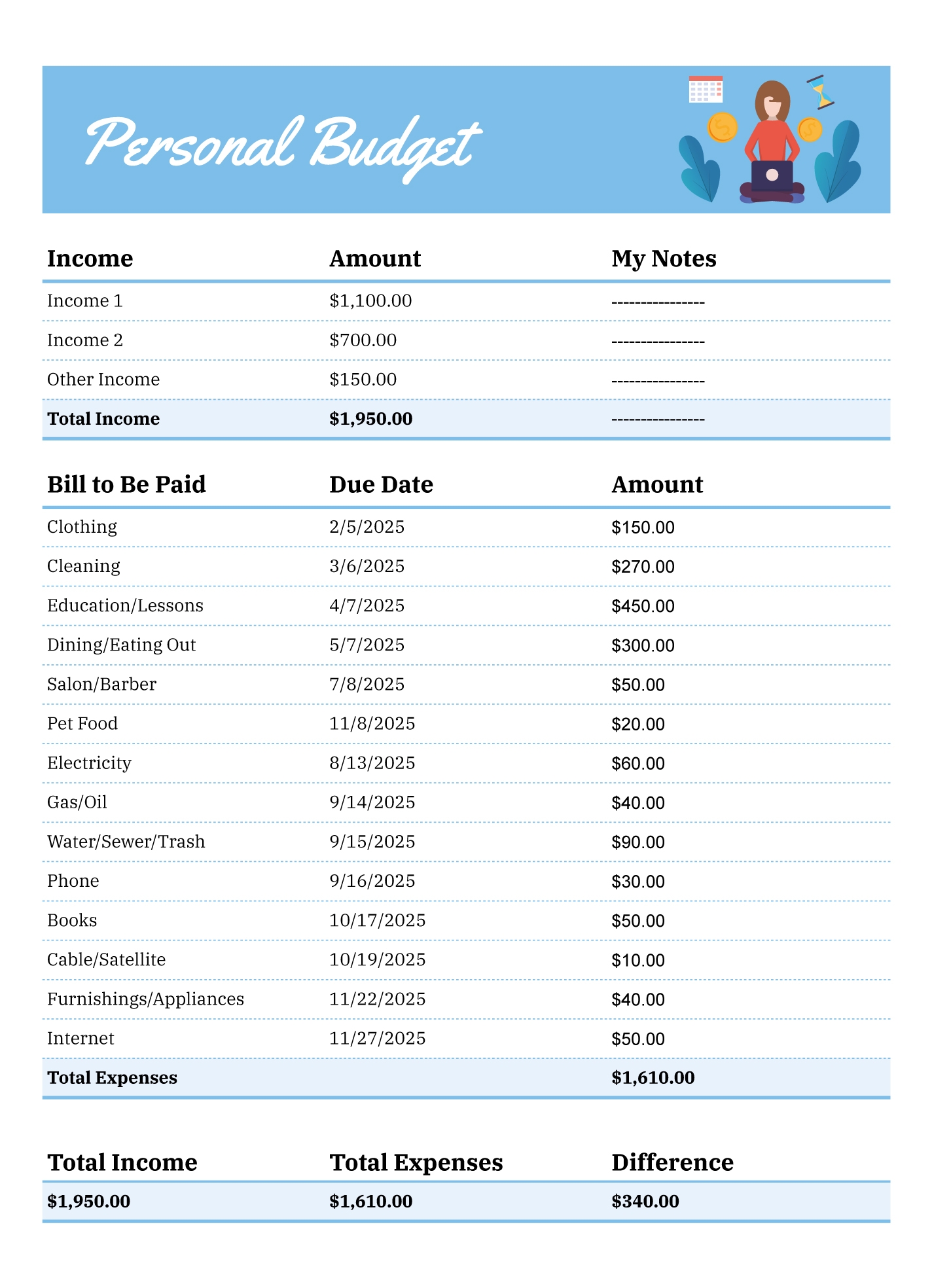 Personal Budget Free Google Sheets Excel Template Gdoc io