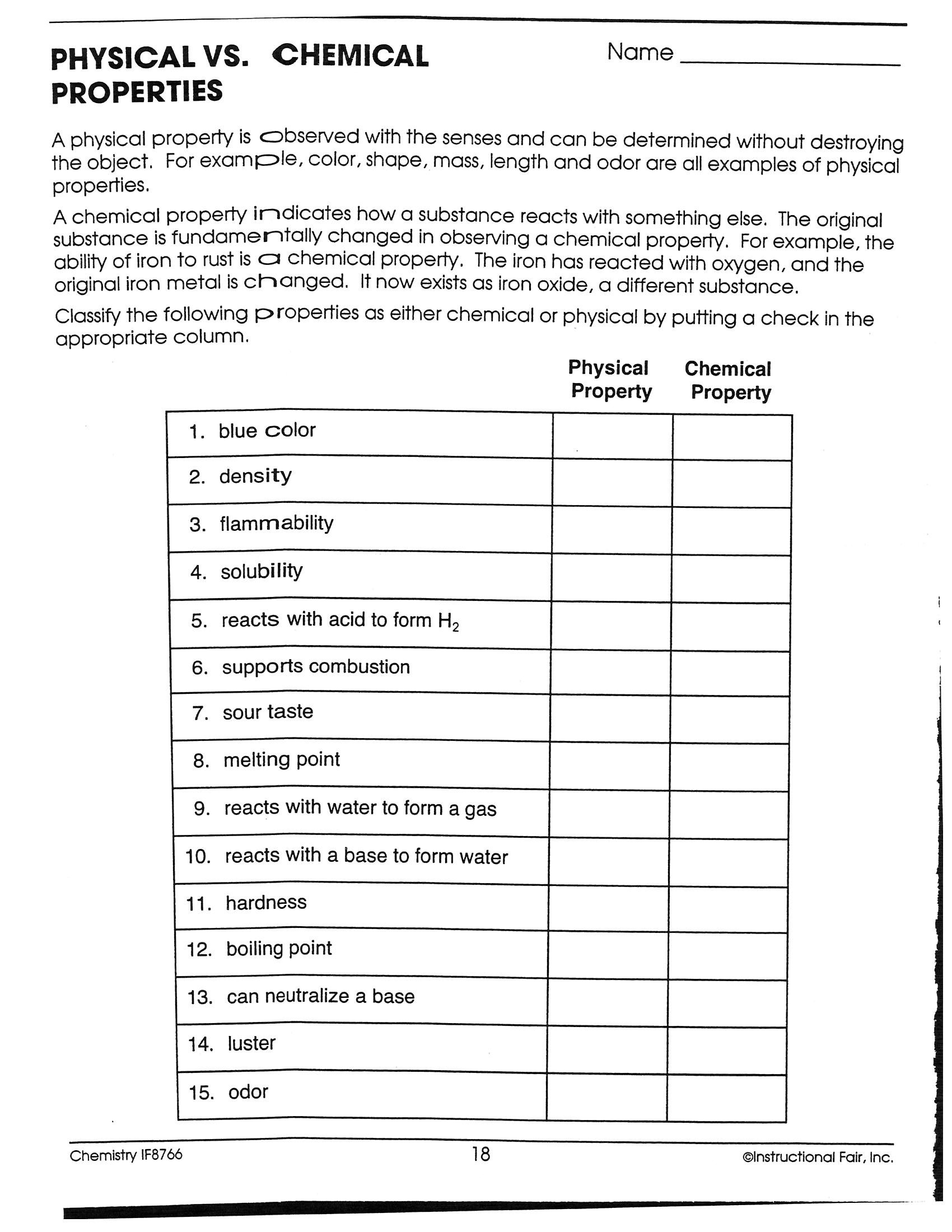 Physical Change Vs Chemical Change Worksheets
