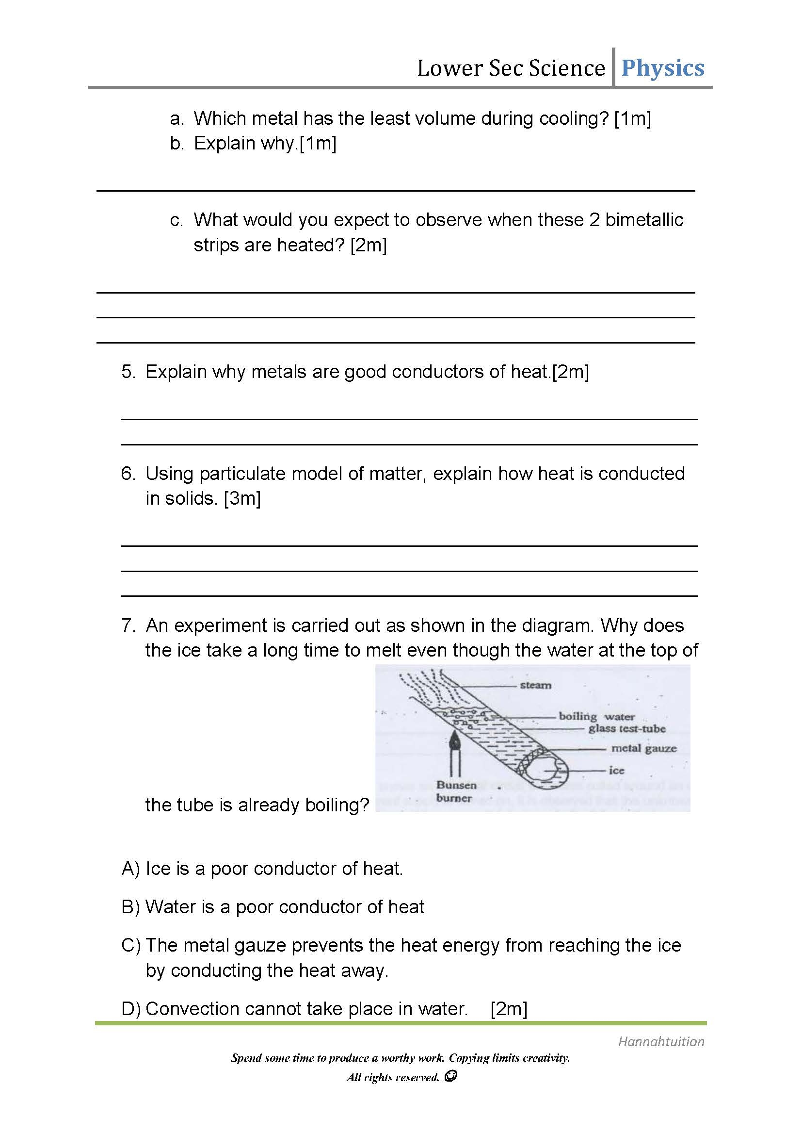 Physics Heat Transfer Lower Sec Worksheet