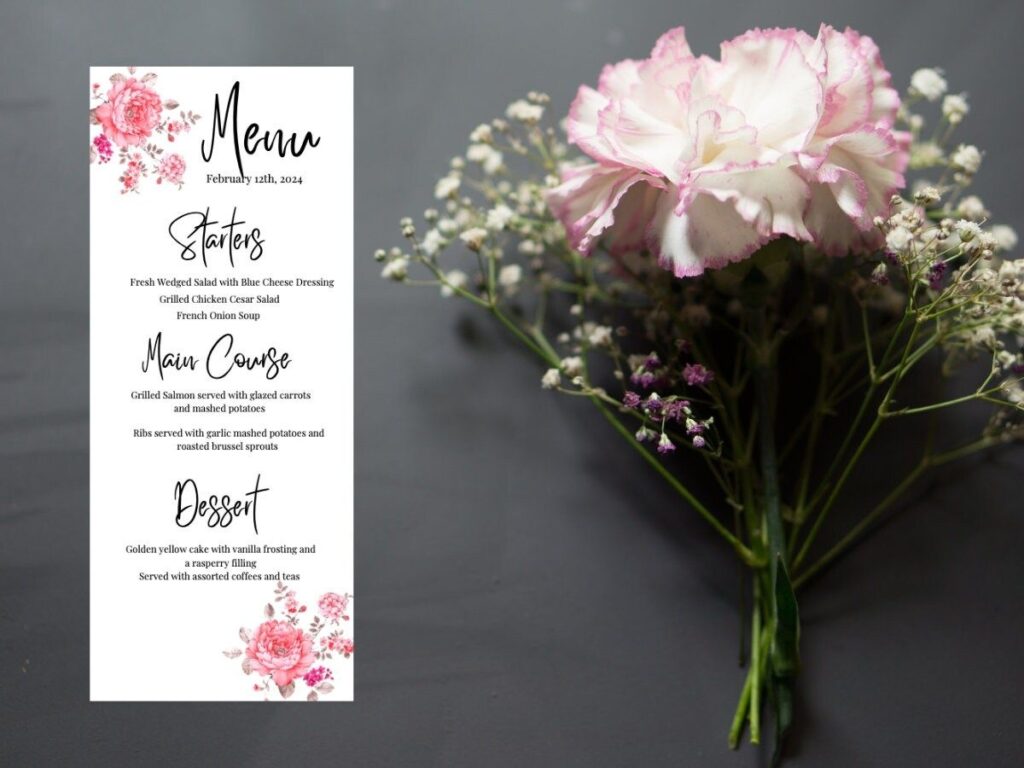 Pink Peony Wedding Menu Card Printable Menu Card Template Wedding Menu