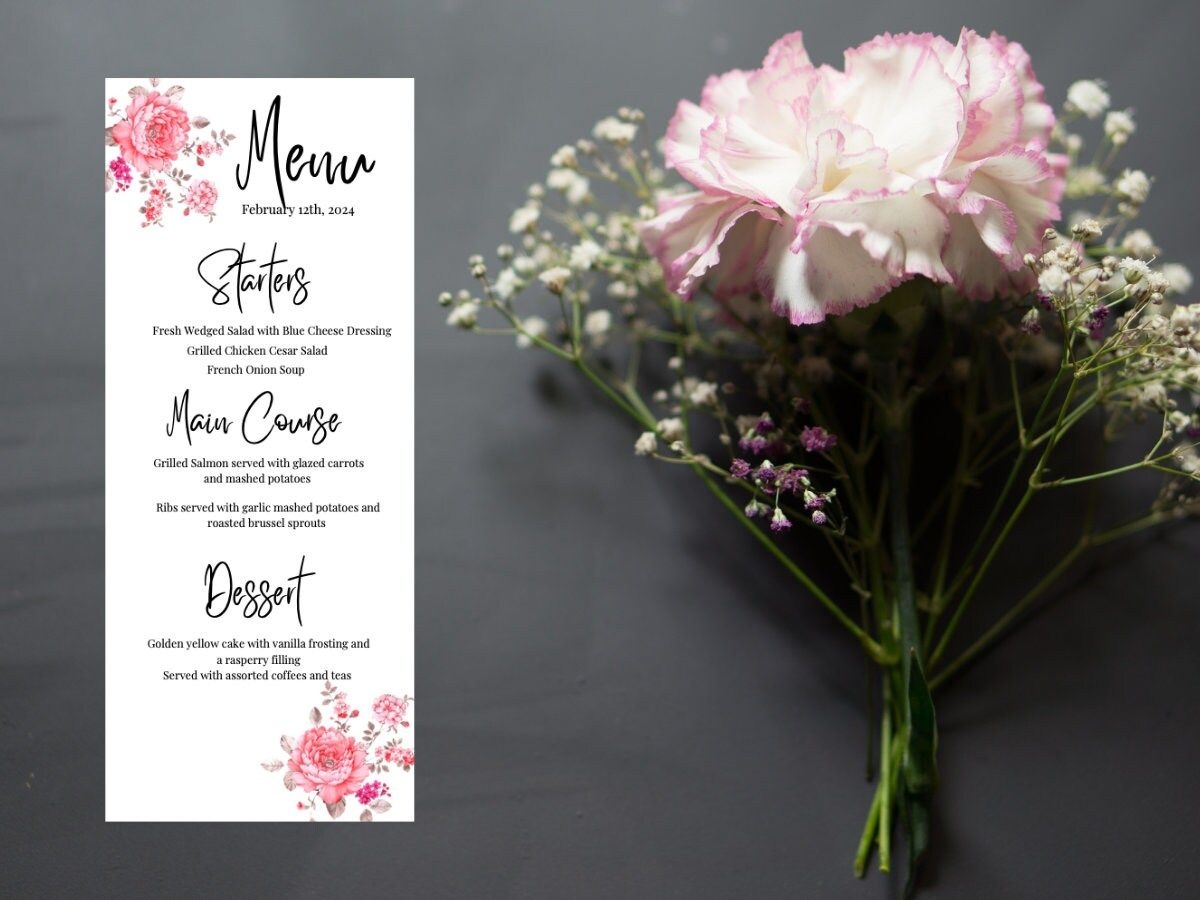 Pink Peony Wedding Menu Card Printable Menu Card Template Wedding Menu 