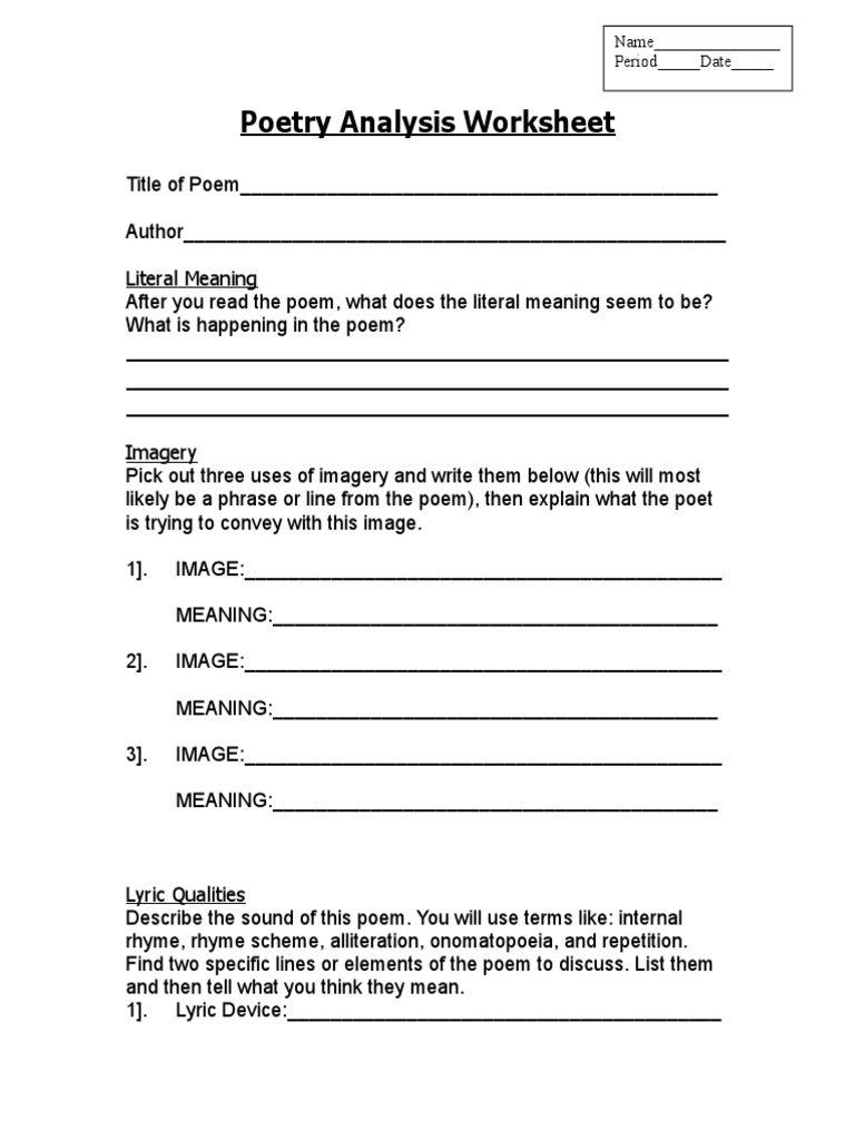Poetry Analysis Worksheet Name Period Date PDF Economies