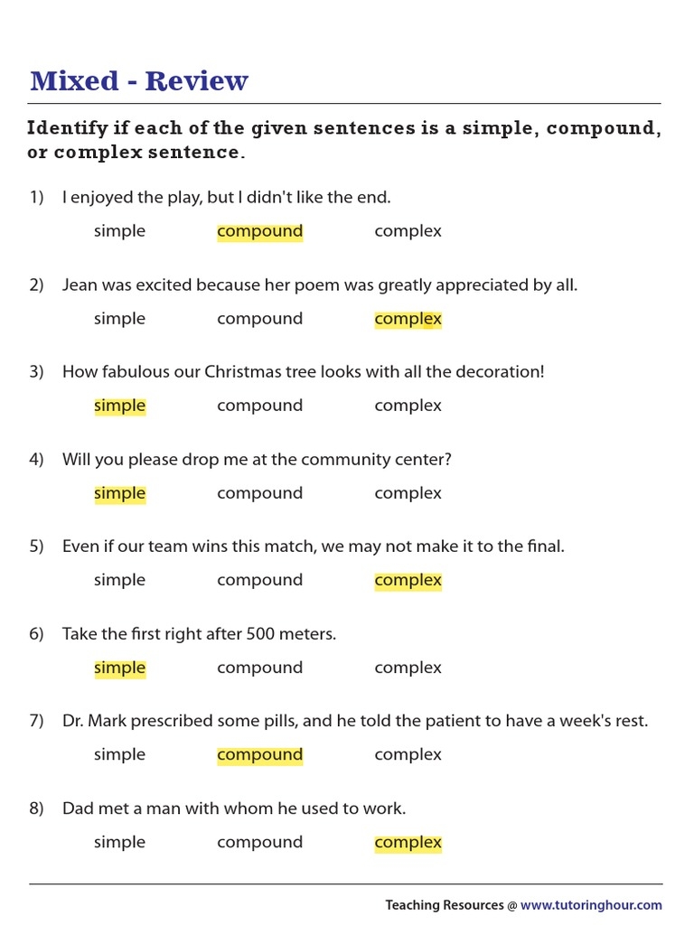 simple and compound and complex sentences worksheet