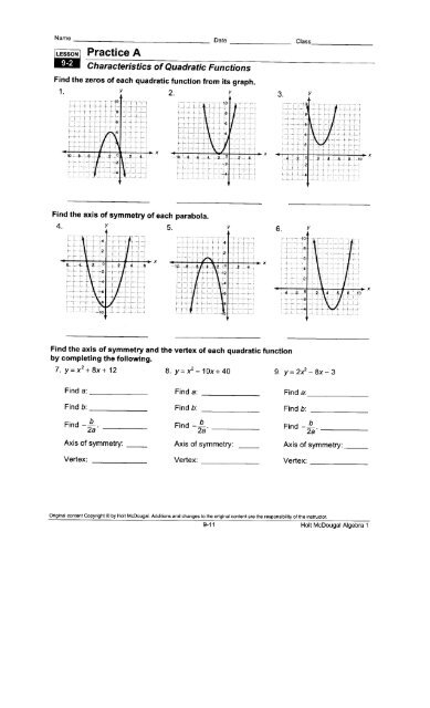 quadratic functions worksheet
