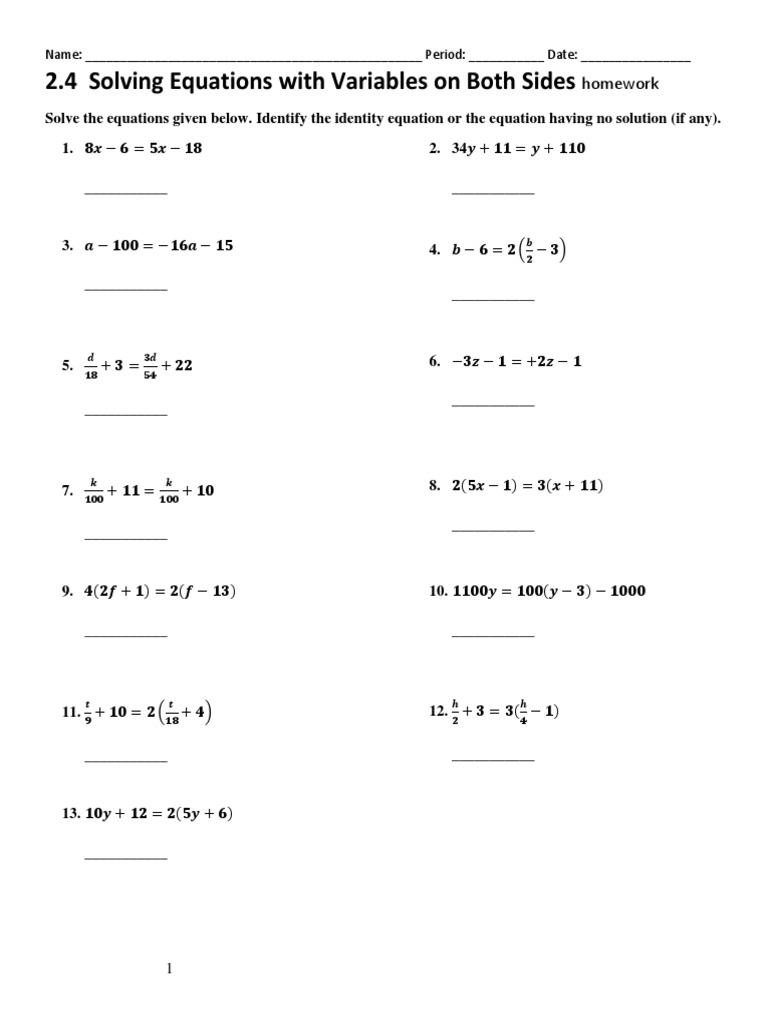 Practice B Solving Equations With Variables On Both Sides 12 3