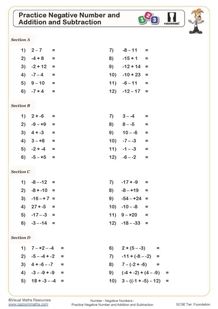 negative numbers addition and subtraction worksheet