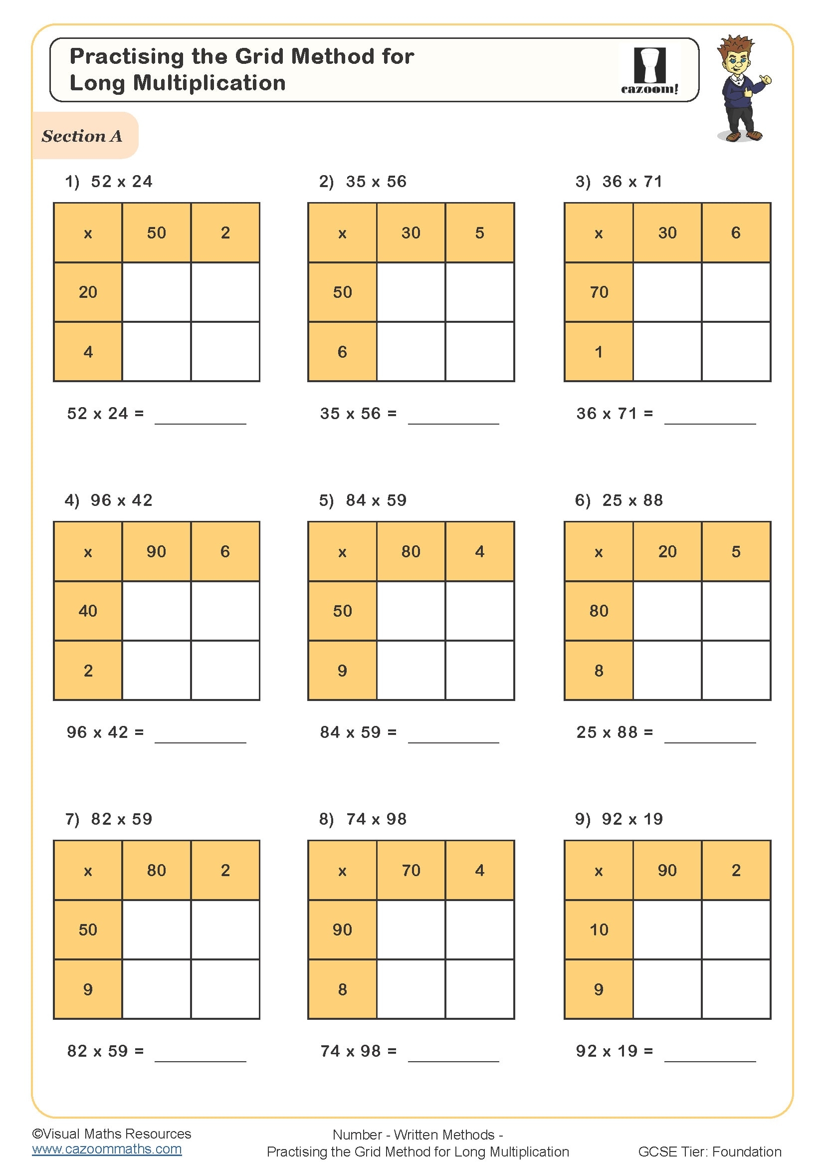 Practising The Grid Method For Long Multiplication Worksheet 
