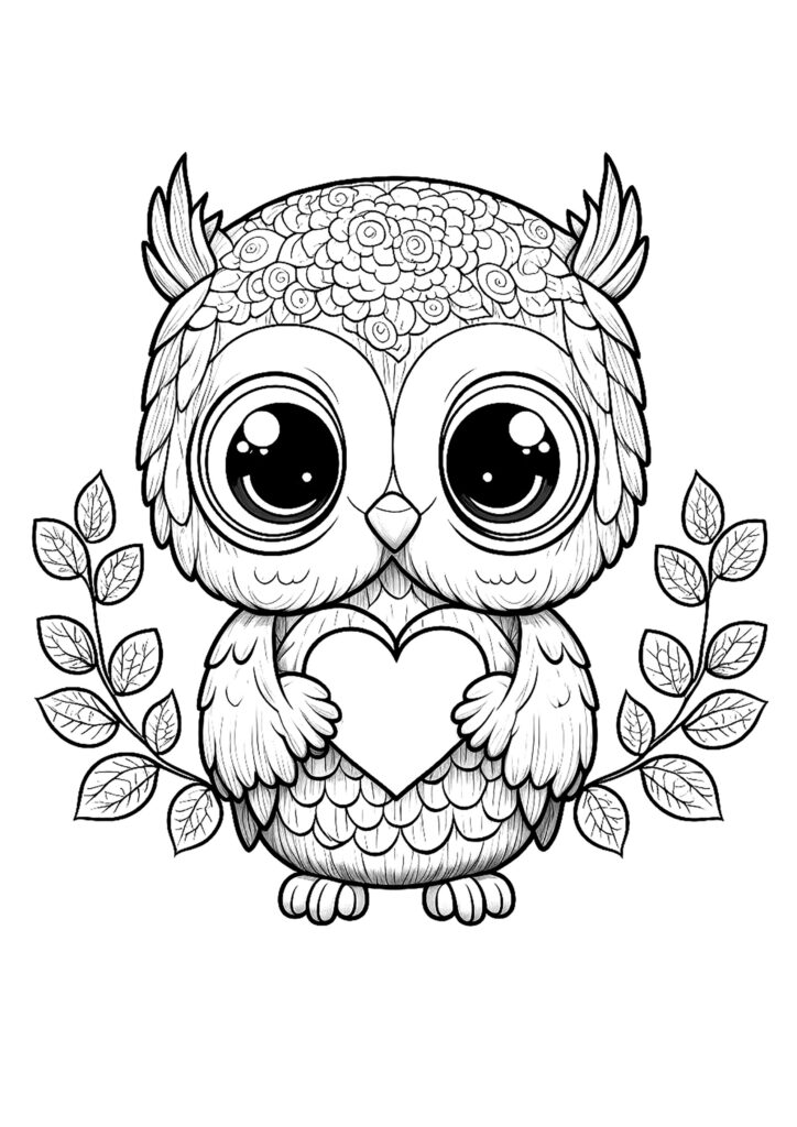 Pretty Owl With A Heart Owls Coloring Pages