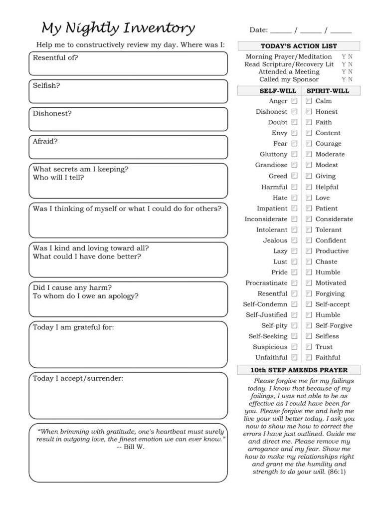 Printable 10Th Step Nightly Inventory Worksheet Worksheets Library