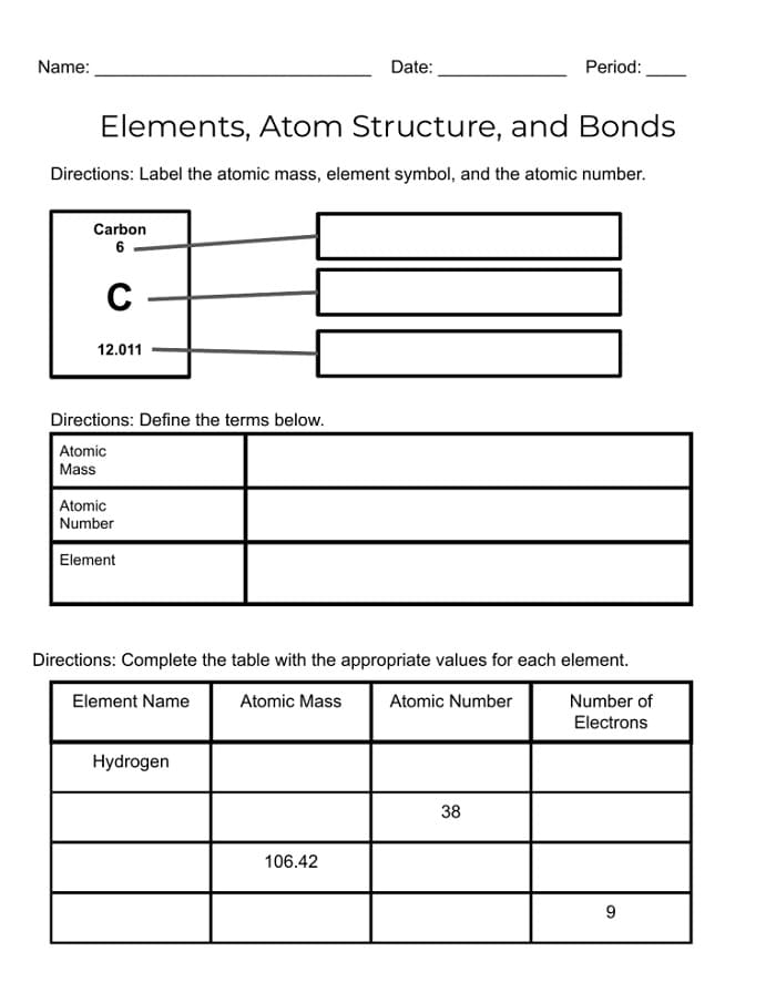 structure of an atom worksheet