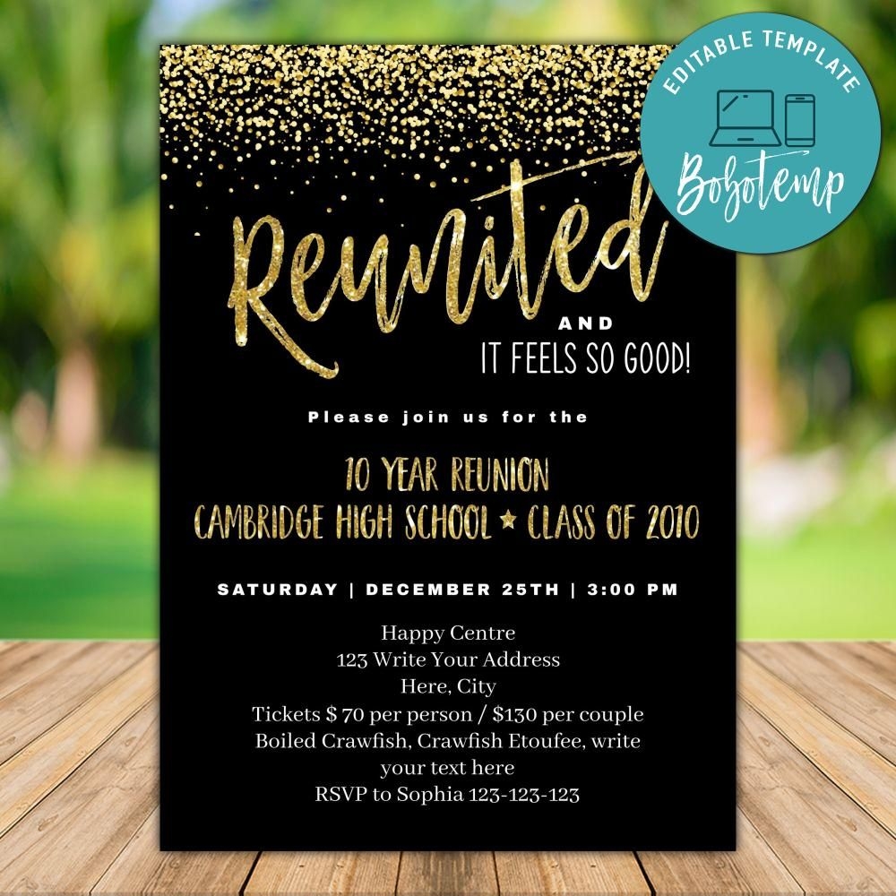 Printable Black And Gold Class Reunion Invitation Template DIY Bobotemp