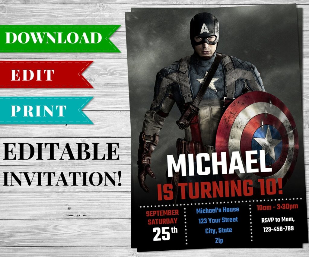 Printable Captain America Invitation PDF Printable Birthday Party
