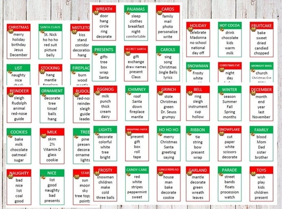 Printable Christmas Holiday Taboo Game Cards Instant Download Game