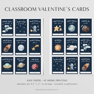 Printable Classroom Valentines Cards Moon Space Kids Classmate 