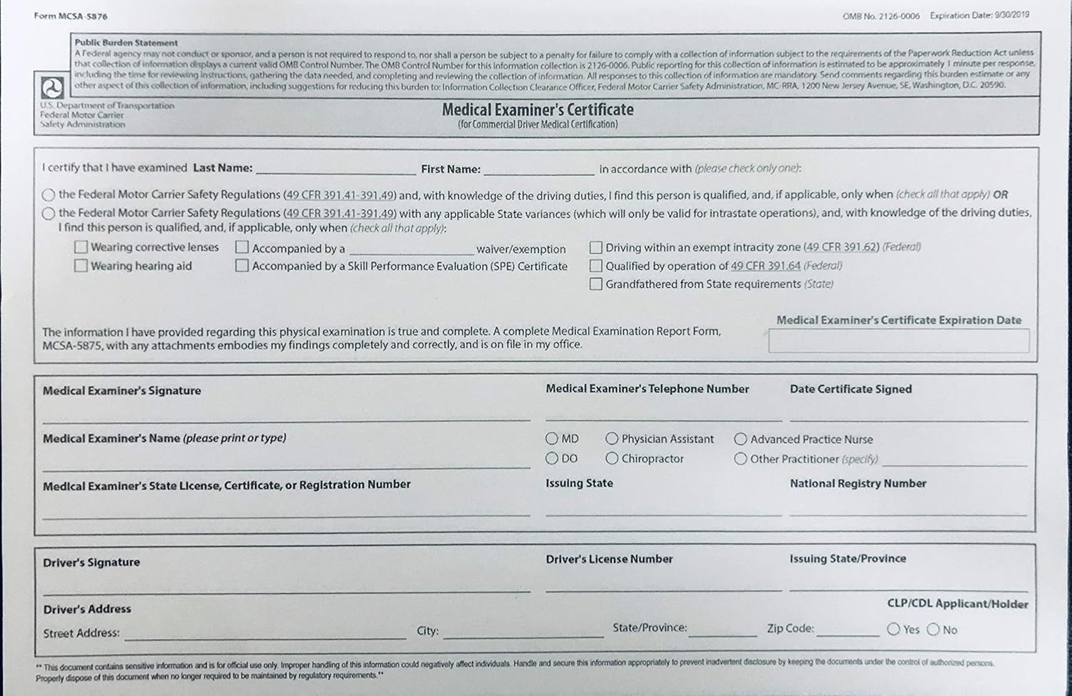 printable dot medical card form