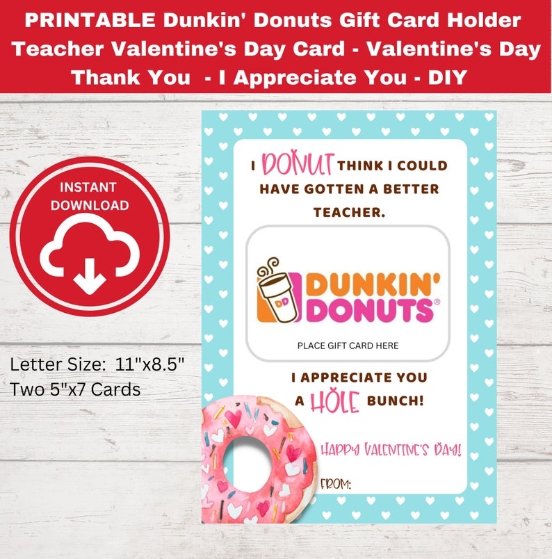 PRINTABLE Dunkin Donuts Gift Card Holder Teacher Valentine 39 s Day 