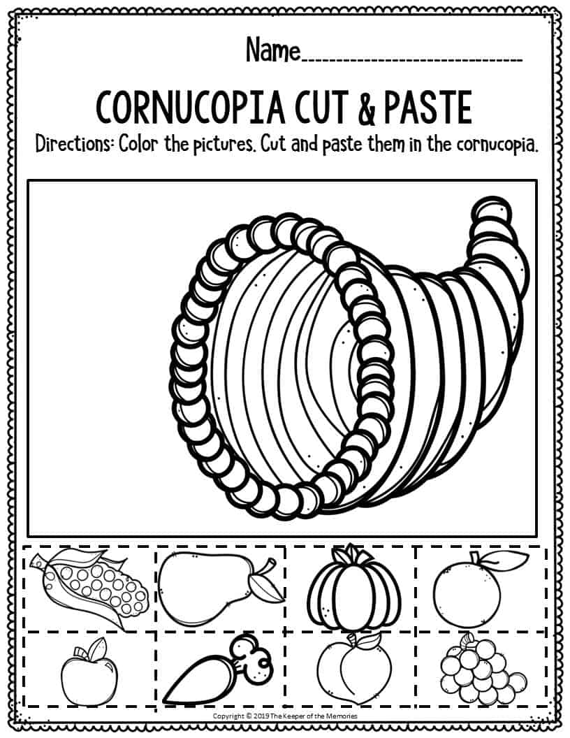 Printable Fine Motor Thanksgiving Preschool Worksheets Cornucopia Cut 